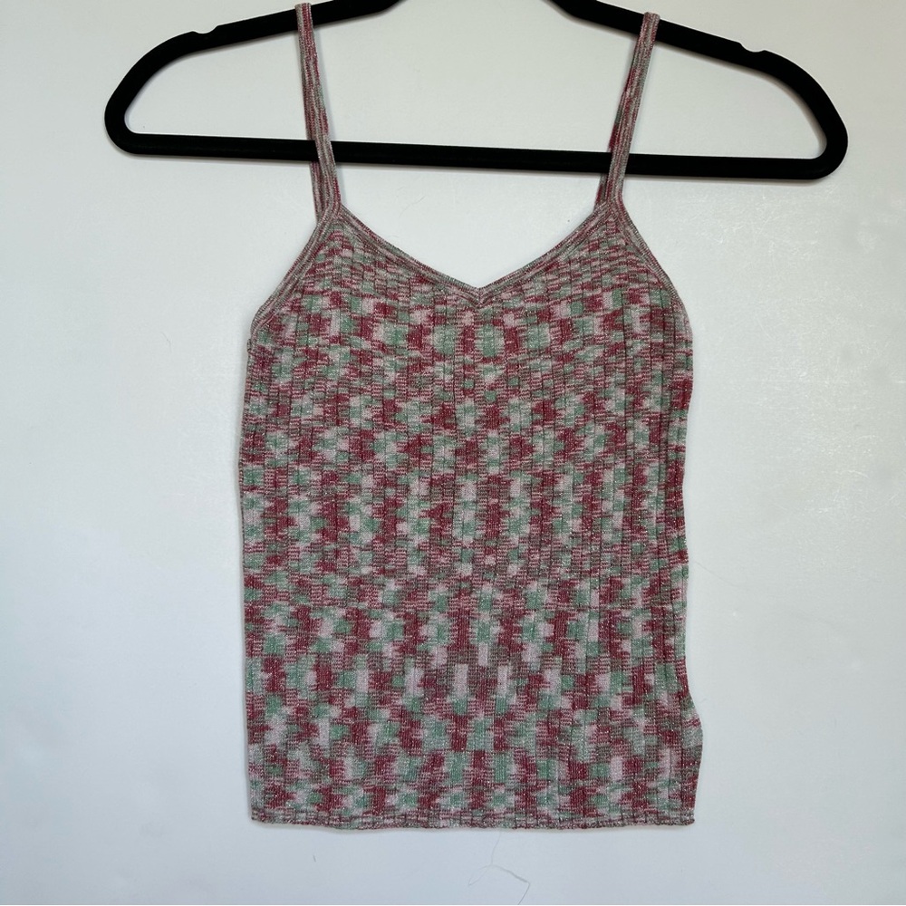 UO Red, Pink & Green Paloma Crinkle Ruched Front Vest Knit Tank Crop Top Sweater